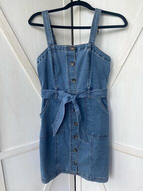 SO Blue Denim Button Front Belted Mini Dress, Junior Size S (3-5)